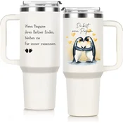 Nikcorp Termični vrček Giftasy Termovka 40 oz iz nerjavečega jekla, dvojne stene, nepredušen pokrov brez BPA, prostor za slamico, za tople in hladne pijače, pingvin romantični napis, bela, krtačka za čiščenje