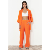 Trendyol Orange Relaxed/Comfortable Cut Kimono Knitted Top and Bottom Set