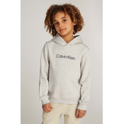 Otroški bombažen pulover Calvin Klein Jeans siva barva, s kapuco, IU0IU00679