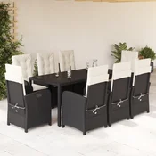 9-dijelni vrtni blagovaonski set s jastucima crni od poliratana Crna 190 cm table length