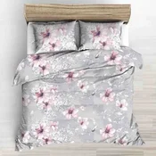 Posteljnina 200x220 siva z velikimi roza narisanimi cvetovi