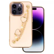 Trendy silikonski ovitek z zapestnico za iPhone 14 6.1 - črn s srčki