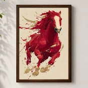 WallXpert uramljena MDF slika 3752KACT-015, crveni konj u galopu na krem pozadini, 37 x 52 cm