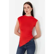 Trendyol Red High Neck Short Sleeve Gathered/Drape Detail Asymmetric Knitted Blouse