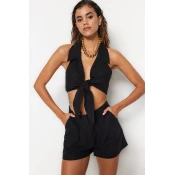 Trendyol Black Woven Tie Blouse and Shorts Set