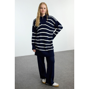 Trendyol Navy Blue Zipper Relaxed Thessaloniki Striped Knitwear Hijab Bottom-Top Set
