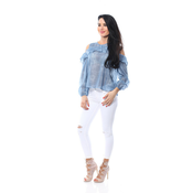 Bluza z odprtimi rameni in volanom