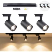 Stropni LED reflektor BRIMETI 30W trojna tirna svetilka, 3000K topla bela, nastavljiva vrtljiva COB LED, usmerjena osvetlitev za kuhinjo in dnevno sobo, črna barva, komplet z 2 tirnicama, 230V