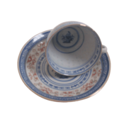 Skodelica za čaj, kavo z krožničkom , set 1/6, rižev porcelan, dekor roža, moder, zlati rob