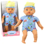 Punčka za igro v modrih oblačilih s kapico 31cm - rumena/modra