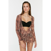 Trendyol Animal Pattern Fitted Mini Knitted Gathered Mesh Beach Dress