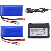 YUNIQUE GREEN-CLEAN Komplet 2 litijevih baterij 7.4V 1100mAh s polnilnikom - združljiv z WLtoys A949, A959, A969, A979, K929, V912, V913, L959