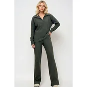Trend Alaçati Stili Womens Khaki Polo Neck Top and Palazzo Pants Knitwear Bottom Top Set