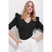 Trend Alaçati Stili Womens Black V-Neck Frilly Knitwear Blouse