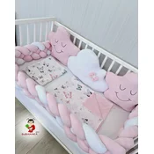 Bubamara037 Set za krevetac sa ogradicom od pletenica, sa lastišom, Roze-Beli