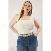 Trendyol Curve Ecru Pool Collar Button Detail Ribbed Knit Plus Size Athlete