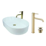 shumee GTM Design Aufsatzwaschbecken 61 cm Glanz Set mit Waschtischbatterie und Stopfen - Aufsatzwaschbecken Oval für Badezimmer - Modern Waschbecken ohne Hahnloch - Waschbecken mit Armature