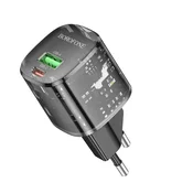 Stenski 20W polnilec Borofone Sunlight BN17 2x USB-C Plus USB-A, PD20W, QC3.0 - črn
