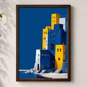 WallXpert uramljena MDF slika 3752KACT-035, plave i žute kuce na steni uz more, 37 x 52 cm