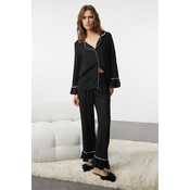 Trendyol Black Lace and Flounce Detailed Viscose Woven Pajama Set
