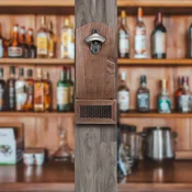 SONNENH Stenski odpirač za steklenice z lesenim nosilcem in lovilnikom zamaškov, 30 x 12 x 7 cm, jelov les in železo, za domači bar, kuhinjo in druženja