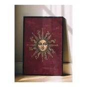 WallXpert uramljena slika 115256, zlatno sunce sa licem na bordo pozadini, 30 x 40 cm, crni ram
