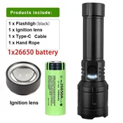 KJB LED ročna svetilka z nastavljivim snopom in USB izhodom, črna, z baterijo 26650