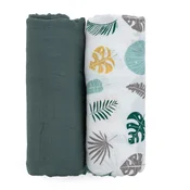 PETITE&MARS Odeja iz bambusa iz muslina 2 kosa Misty Green Leaves 2v1, 120 x 120 cm