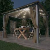 Sjenica sa zastorima i LED svjetlima 300 x 300 cm smede-siva