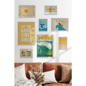 WallXpert set od 8 manjih uramljenih slika Çgs-057, letnji motivi u žutim i tirkiznim tonovima – sunce, surfer, talasi i limunada, beli ram