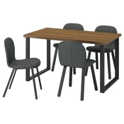 SKALSTA Miza in 4 stoli, imitacija oreha črnosiva v obliki črke U/Knäbäck temno siva profilirana kovina/črnosiva, 140x80 cm
