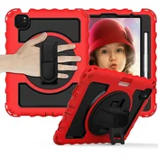 Nikcorp Vzdržljiv zaščitni etui za iPad 3/2/1/Pro 11 s 360° vrtljivim stojalom, ročajem in ramenskim pasom, rdeč