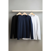 Trendyol Black-White-Navy Blue Regular/Normal Fit Long Sleeve 3-Pack Basic T-Shirt