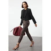 Trendyol Multi-Colored Cigarette Pattern Leopard/Animal Pattern High Waist Ankle Length Woven Trousers