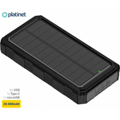 Platinet PMPB20SP solarna baterija, 20.000mAh, solarno punjenje, USB / Type-C / microUSB, LED lampa, crna