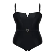 Trendyol Curve Black Square Neck V Neck Detail Beli Belted Plus Size Swimsuit