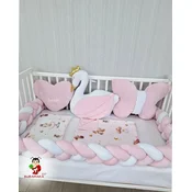Bubamara037 Set za krevetac sa ogradicom od pletenica, sa lastišom, Belo-Roze