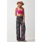 Happiness Istanbul Womens Dark Green Fuchsia Patterned Flowing Viscose Palazzo Trousers