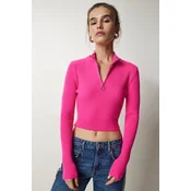 Happiness Istanbul Womens Pink Zipper Ribbed Crop Knitwear Sweater