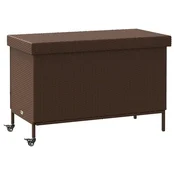Vidaxl Vrtna shranjevalna škatla s kolesi rjava 110x55x73 cm poli ratan