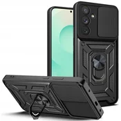 Oklepni ovitek MaX-Armor z obročem, kovinsko ploščico in zaščito zadnjih kamer za Samsung Galaxy S25 FE - black