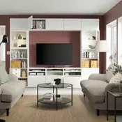 BESTA TV komb.odlaganje/staklena vrata, bela Sutterviken/Sindvik belo bistro staklo, 300x42x231 cm