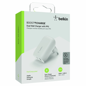 Belkin BOOST CHARGE™ Dual 37W Power Delivery PPS stenski polnilnik (USB-C 25W   USB-A 12W), bel