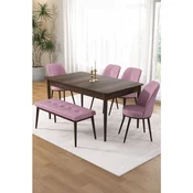 Hanah Home trpezarijski set Pir, sto, 4 stolice i klupa, ploca u dekoru drveta Baroque, roze tkanina Babyface