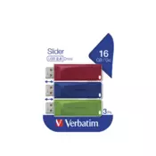 Verbatim Slider, 16 GB, USB Tip-A, 2.0, Klizni, 8 g, Plavo, Zeleno, Crveno
