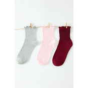 Trendyol Claret Red-Powder-Grey 3-Pack Cotton Elastic Mouth Lettuce Detailed Knitted Socks