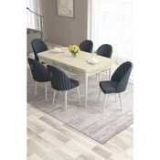 Hanah Home trpezarijski set Roz, sto na razvlacenje i 6 stolica, krem ploca, bele noge, antracit tkanina Babyface