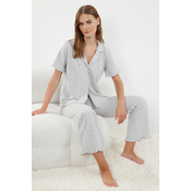 Trendyol Gray Melange 100% Cotton Solid Ruffle Single Jersey Knitted Pajama Set