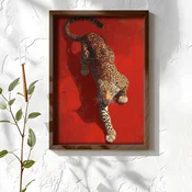 WallXpert uramljena MDF slika NAL043-70, leopard se šunja na crvenoj pozadini, 50 x 70 cm