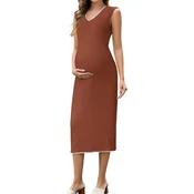 Ženska nosečniška midi obleka za dojenje brez rokavov V-Neck rdeča XXL, prilegajoča bodycon, elastična mehka pletenina, s kitastim vzorcem, za nosečnost in po porodu, za delo in zabave